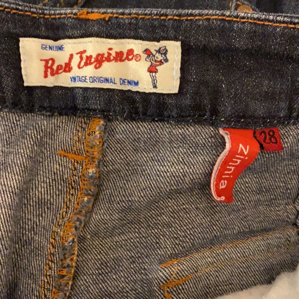Red Engine Knee Length Jean Shorts - Picture 2 of 4
